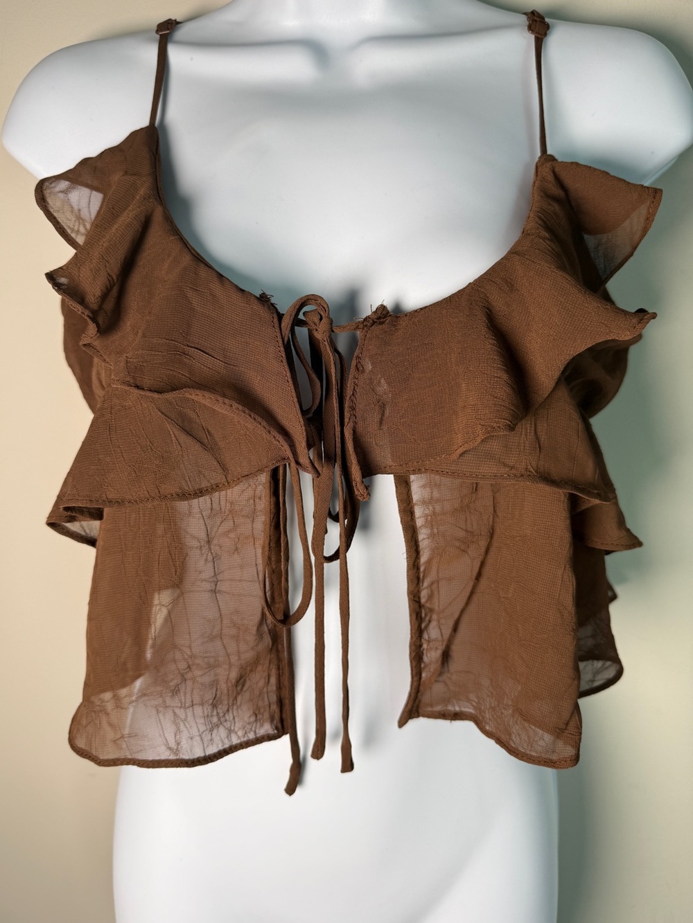 NWT Thirty/Thirty LA Brown Sheer Chiffon Ruffle Tie-Front Cami Crop Top Boho M